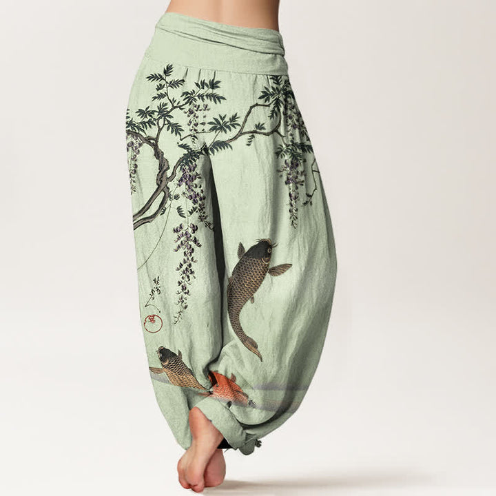 Buddha Stones Cotton Koi Wisteria Pattern Women's Elastic Waist Harem Pants - image 10