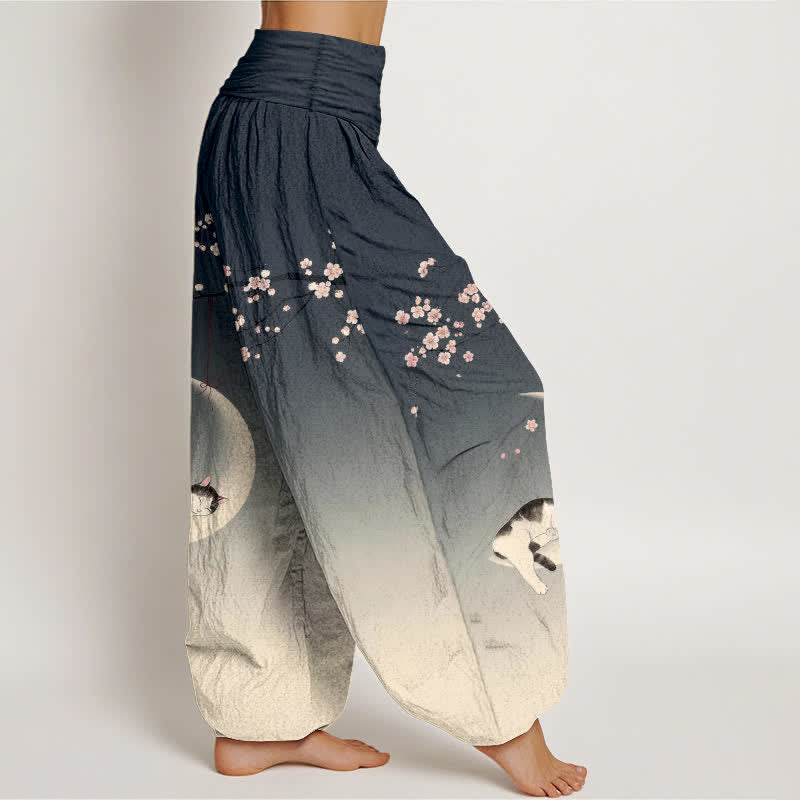 Buddha Stones Cotton Sakura Moon Cat Pattern Women's Elastic Waist Harem Pants - image 9