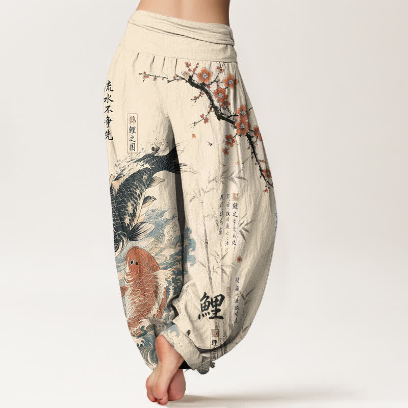 Buddha Stones Cotton Koi Fish Calligraphy Pattern Women's Elastic Waist Harem Pants - image 2