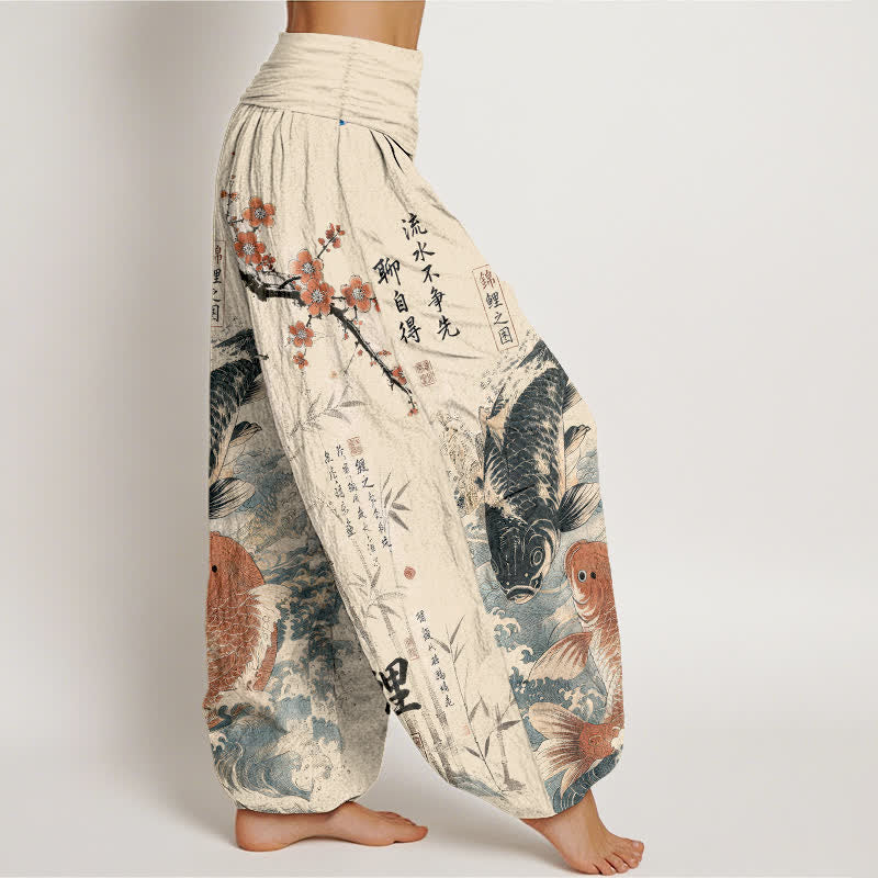 Buddha Stones Cotton Koi Fish Calligraphy Pattern Women's Elastic Waist Harem Pants - image 1