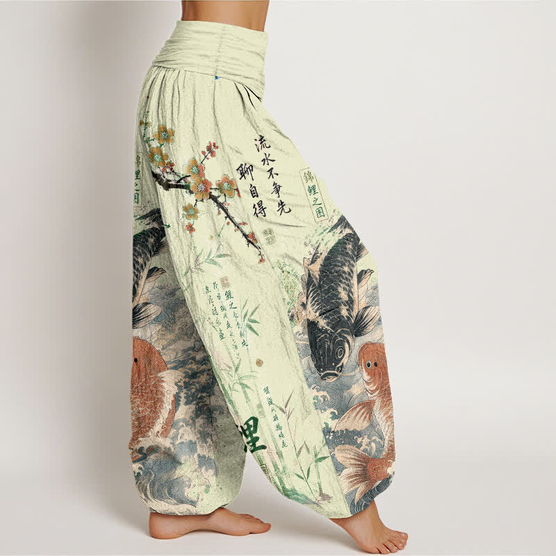 Buddha Stones Cotton Koi Fish Calligraphy Pattern Women's Elastic Waist Harem Pants - image 9