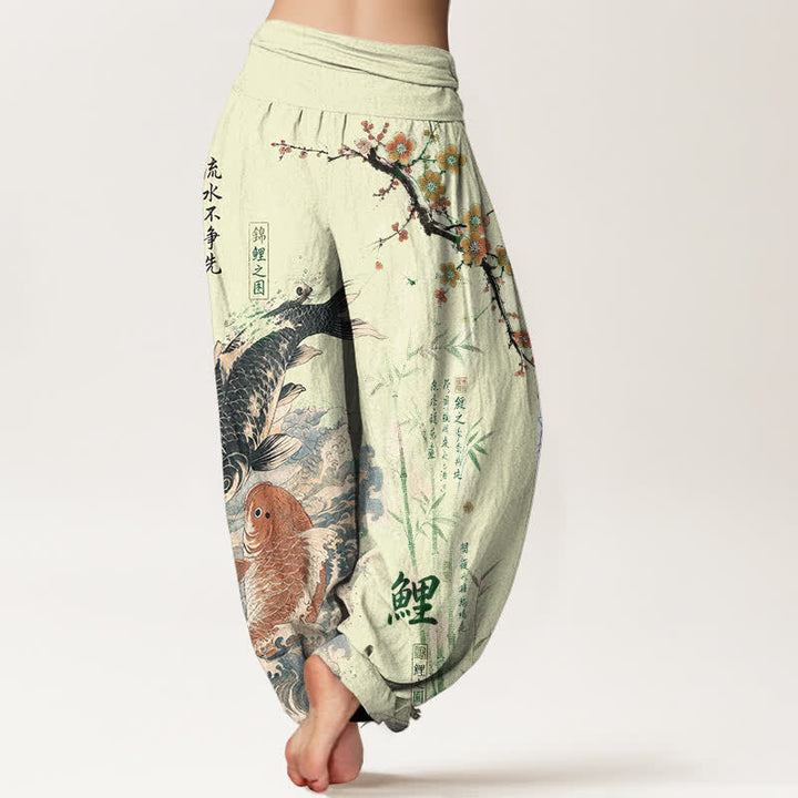 Buddha Stones Cotton Koi Fish Calligraphy Pattern Women's Elastic Waist Harem Pants - image 10