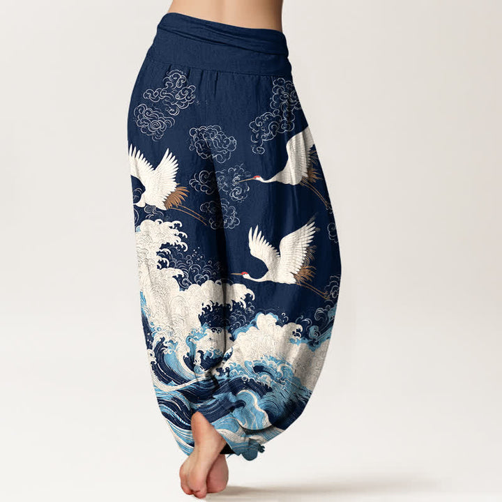Buddha Stones Cotton Crane Cloud Wave Pattern Women's Elastic Waist Harem Pants - image 2