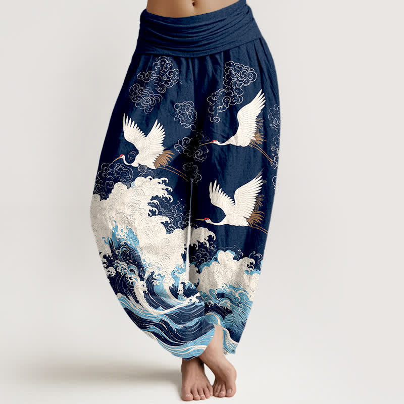 Buddha Stones Cotton Crane Cloud Wave Pattern Women's Elastic Waist Harem Pants - Navy - US16，UK/AU20，EU48 (3XL) - image 0