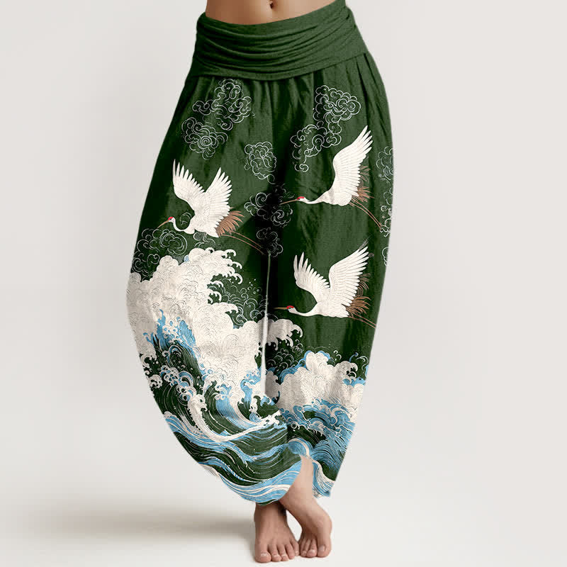Buddha Stones Cotton Crane Cloud Wave Pattern Women's Elastic Waist Harem Pants - DarkGreen - US16，UK/AU20，EU48 (3XL) - image 5