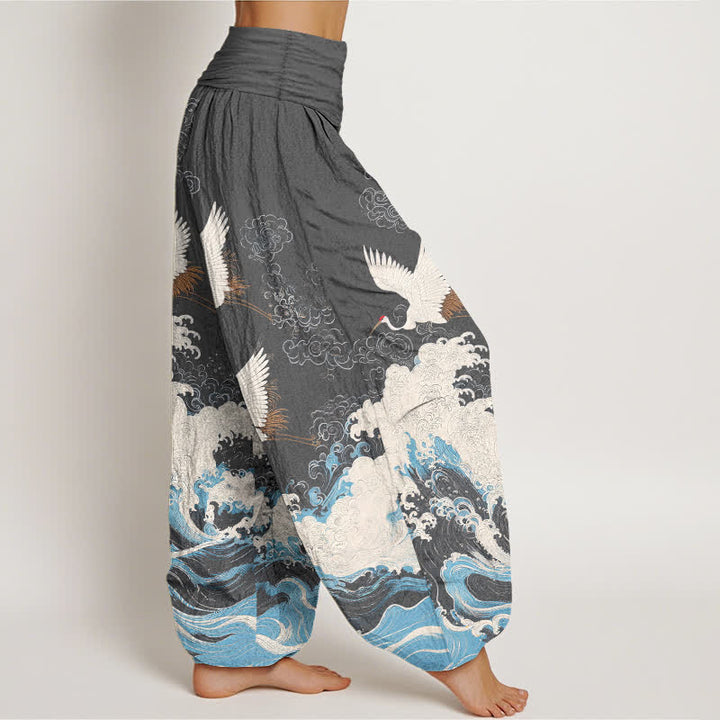 Buddha Stones Cotton Crane Cloud Wave Pattern Women's Elastic Waist Harem Pants - image 9