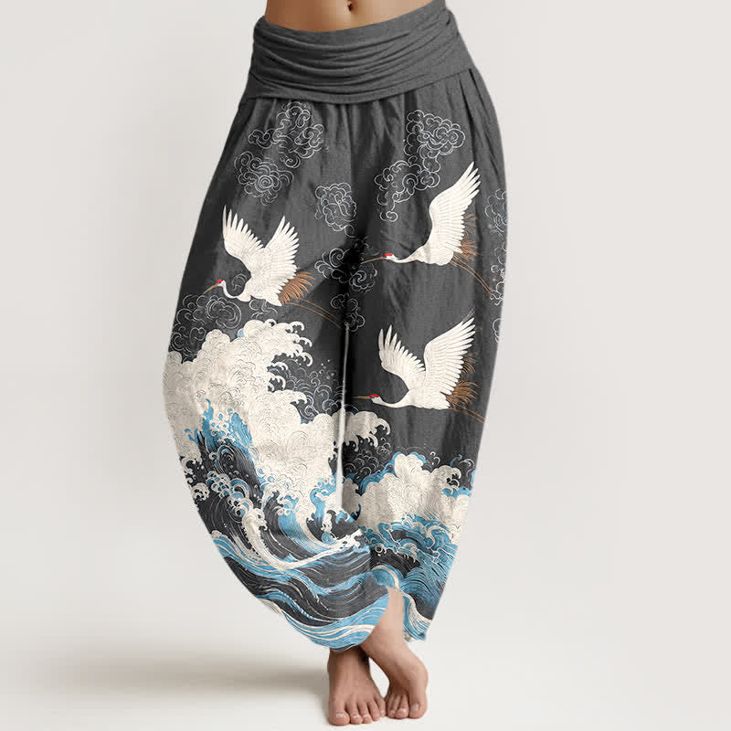 Buddha Stones Cotton Crane Cloud Wave Pattern Women's Elastic Waist Harem Pants - DimGray - US16，UK/AU20，EU48 (3XL) - image 8