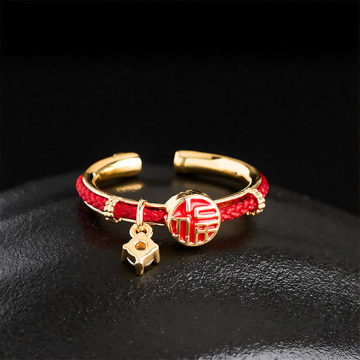 Buddha Stones Red String Round Fu Character Luck Open Ring - image 2
