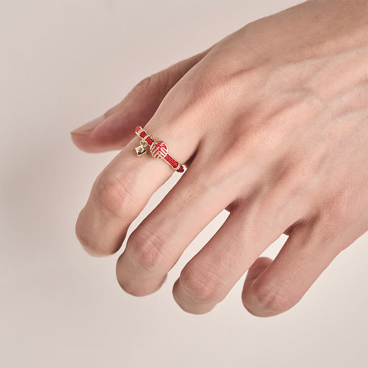 Buddha Stones Red String Round Fu Character Luck Open Ring - image 4