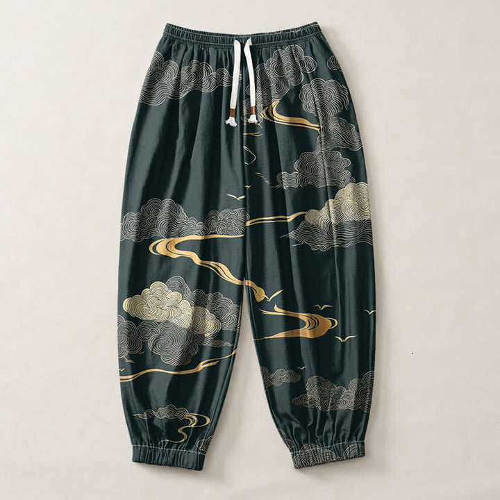 Buddha Stones Pure Cotton Golden Cloud Pattern Drawstring Men's Harem Pants With Pockets - image 7