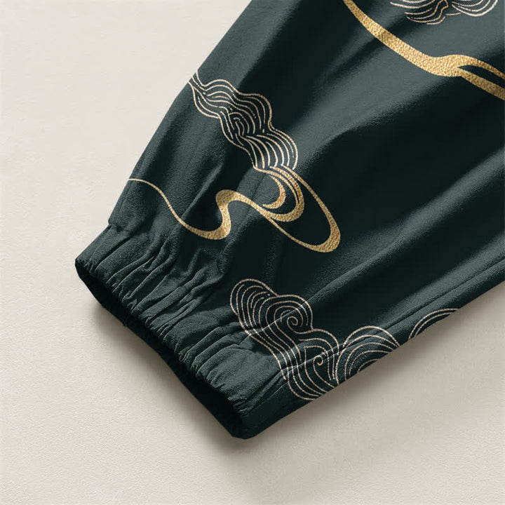 Buddha Stones Pure Cotton Golden Cloud Pattern Drawstring Men's Harem Pants With Pockets - image 10