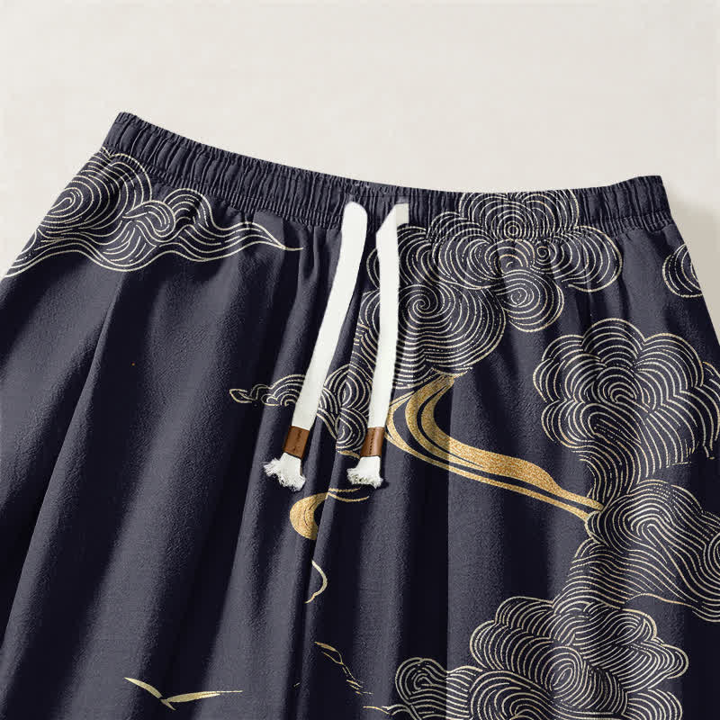 Buddha Stones Pure Cotton Golden Cloud Pattern Drawstring Men's Harem Pants With Pockets - image 15