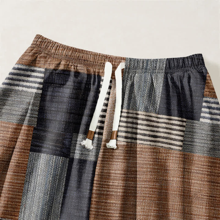 Buddha Stones Pure Cotton Patchwork Plaid Stripe Pattern Drawstring Men's Harem Pants With Pockets - image 3