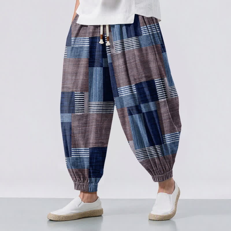 Buddha Stones Pure Cotton Patchwork Plaid Stripe Pattern Drawstring Men's Harem Pants With Pockets - Navy - US/UK/AU50，EU60 (5XL) - image 6