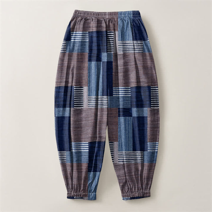Buddha Stones Pure Cotton Patchwork Plaid Stripe Pattern Drawstring Men's Harem Pants With Pockets - image 8