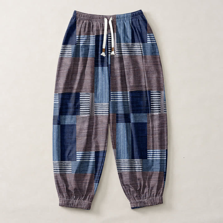 Buddha Stones Pure Cotton Patchwork Plaid Stripe Pattern Drawstring Men's Harem Pants With Pockets - image 7