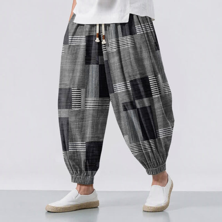 Buddha Stones Pure Cotton Patchwork Plaid Stripe Pattern Drawstring Men's Harem Pants With Pockets - Gray - US/UK/AU50，EU60 (5XL) - image 12