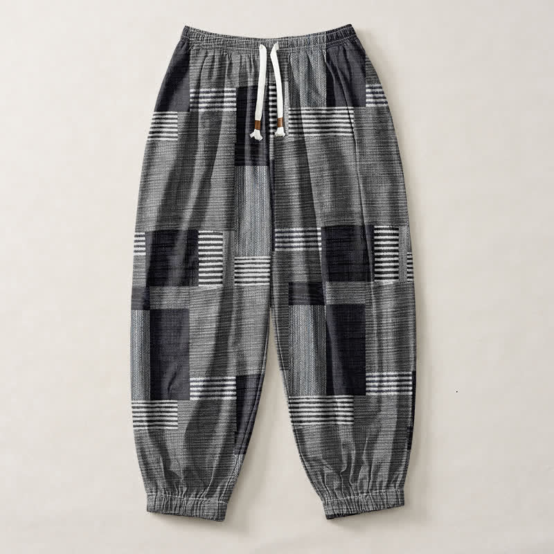 Buddha Stones Pure Cotton Patchwork Plaid Stripe Pattern Drawstring Men's Harem Pants With Pockets - image 13