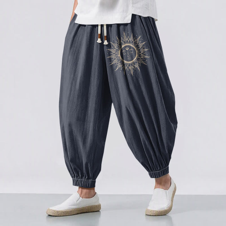 Buddha Stones Pure Cotton Sun Face Pattern Drawstring Men's Harem Pants With Pockets - SlateGray - US/UK/AU50，EU60 (5XL) - image 6