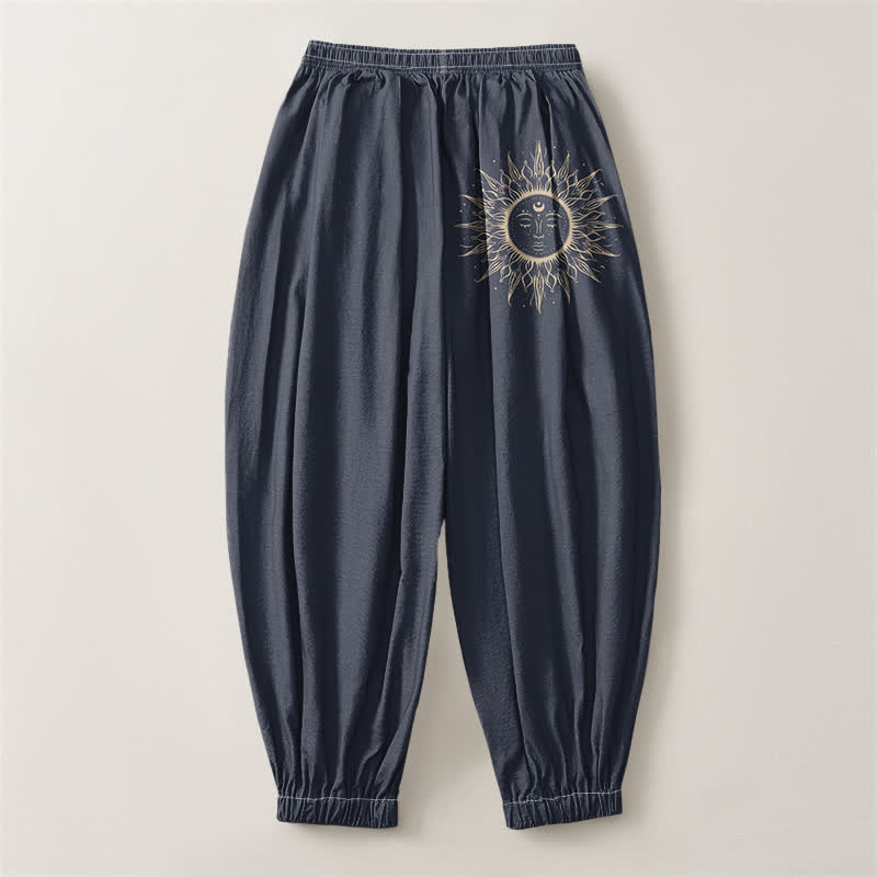 Buddha Stones Pure Cotton Sun Face Pattern Drawstring Men's Harem Pants With Pockets - image 8