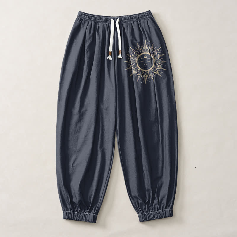 Buddha Stones Pure Cotton Sun Face Pattern Drawstring Men's Harem Pants With Pockets - image 7