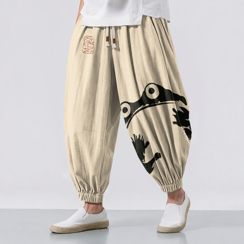 Buddha Stones Pure Cotton Playful Frog Pattern Drawstring Men's Harem Pants With Pockets - Beige - US/UK/AU50，EU60 (5XL) - image 0