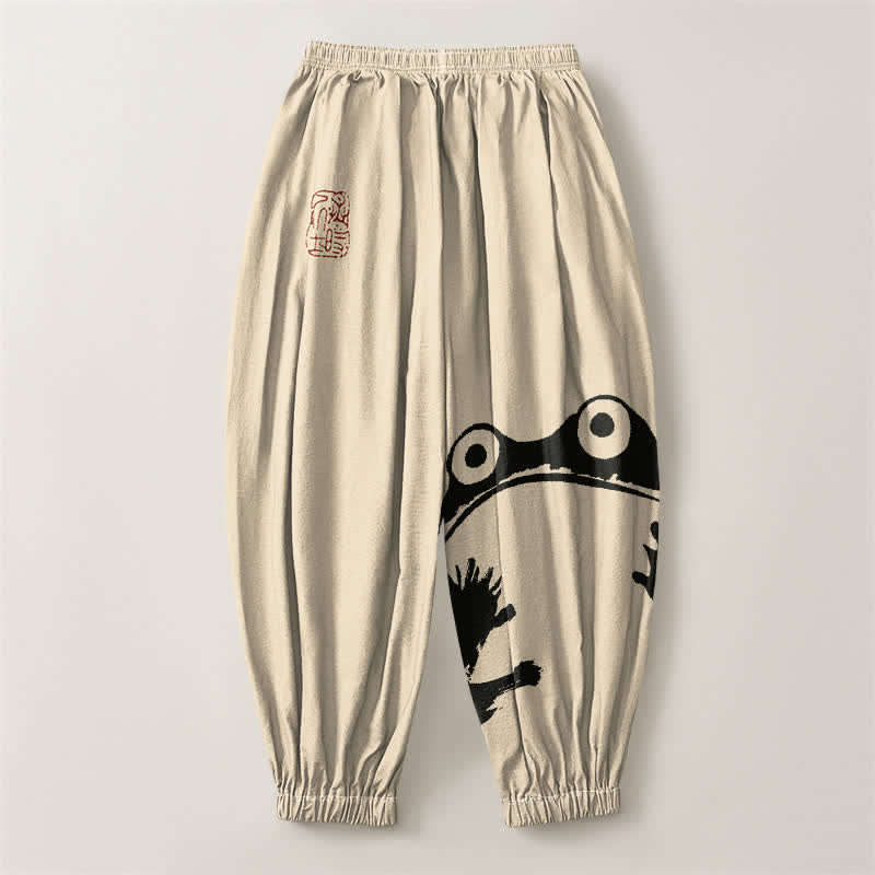 Buddha Stones Pure Cotton Playful Frog Pattern Drawstring Men's Harem Pants With Pockets - image 2