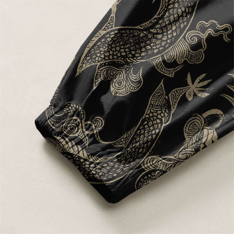 Buddha Stones Pure Cotton Mythic Dragon Auspicious Clouds Pattern Drawstring Men's Harem Pants With Pockets - image 4