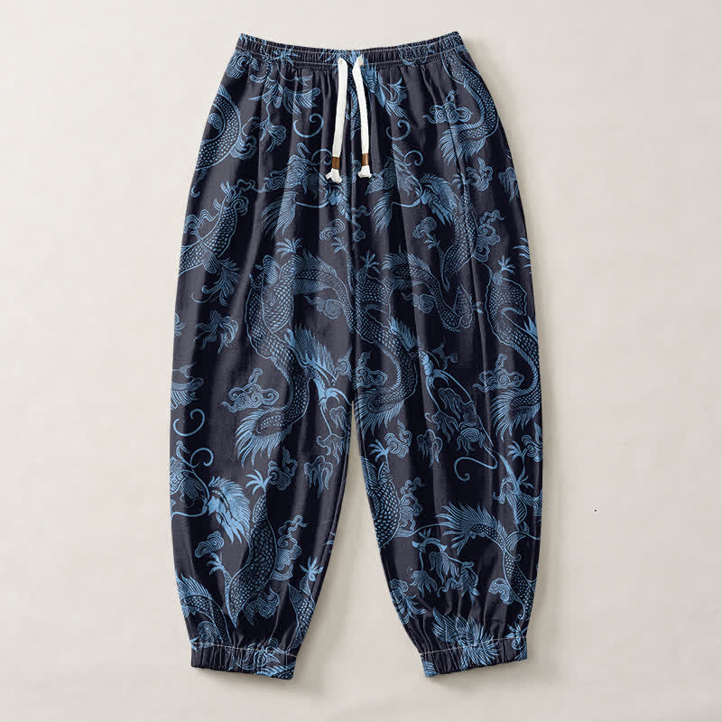Buddha Stones Pure Cotton Mythic Dragon Auspicious Clouds Pattern Drawstring Men's Harem Pants With Pockets - image 7