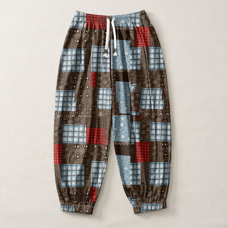 Buddha Stones Pure Cotton Vintage Patchwork Plaid Pattern Drawstring Men's Harem Pants With Pockets - image 1