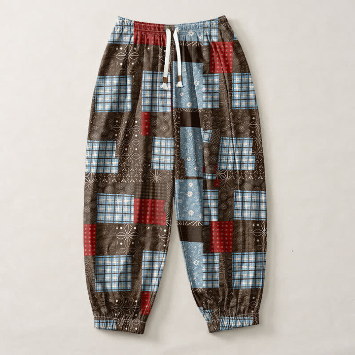 Buddha Stones Pure Cotton Vintage Patchwork Plaid Pattern Drawstring Men's Harem Pants With Pockets - image 1