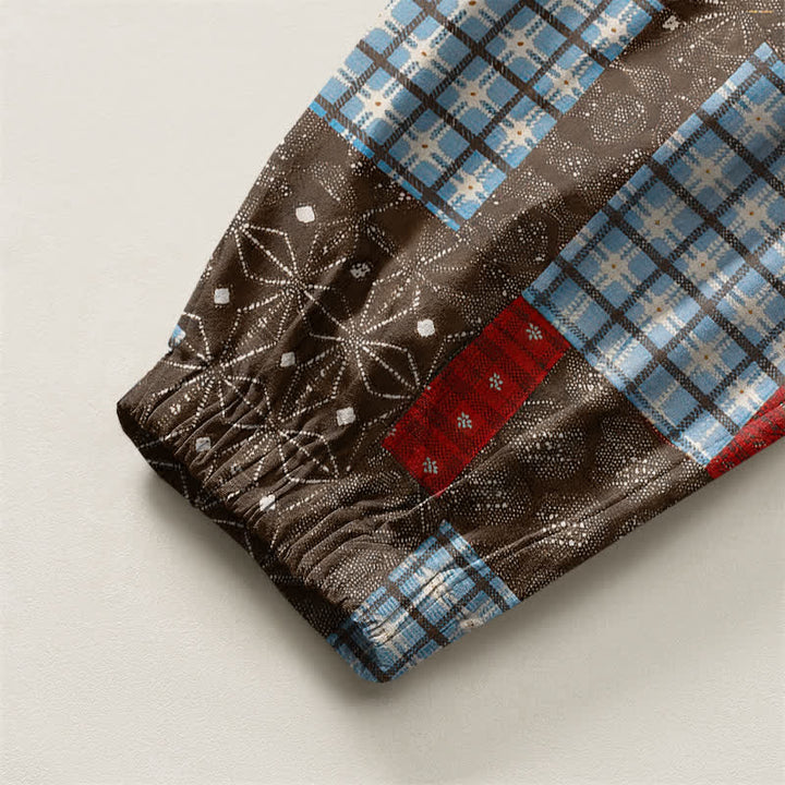 Buddha Stones Pure Cotton Vintage Patchwork Plaid Pattern Drawstring Men's Harem Pants With Pockets - image 4