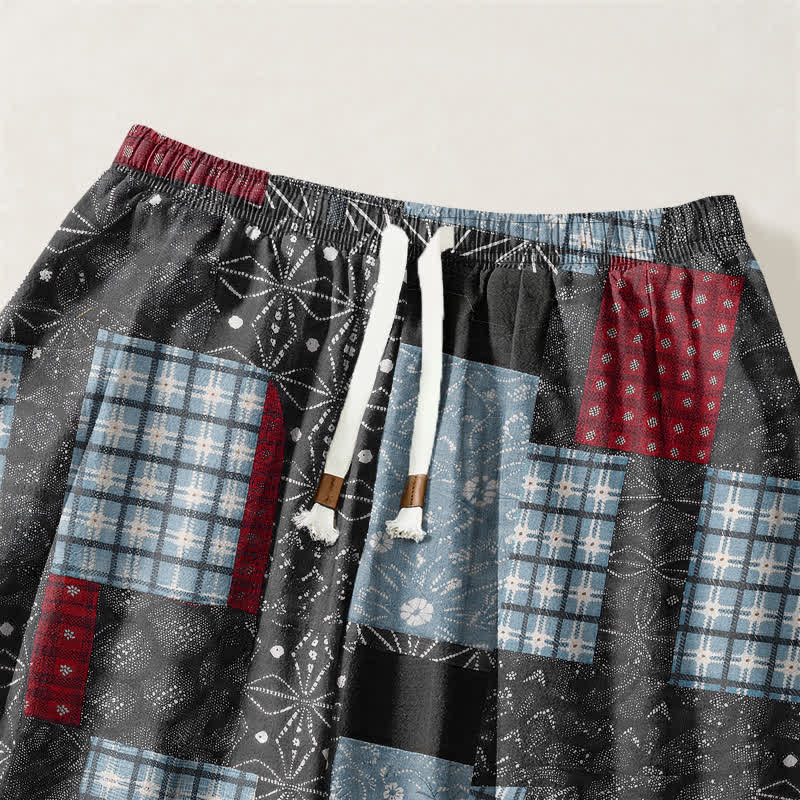 Buddha Stones Pure Cotton Vintage Patchwork Plaid Pattern Drawstring Men's Harem Pants With Pockets - image 9