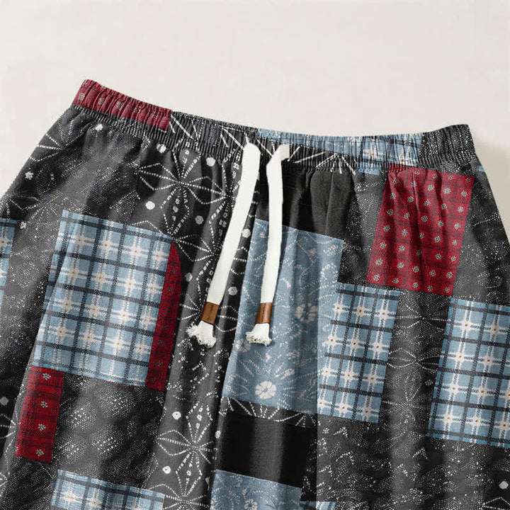 Buddha Stones Pure Cotton Vintage Patchwork Plaid Pattern Drawstring Men's Harem Pants With Pockets - image 9