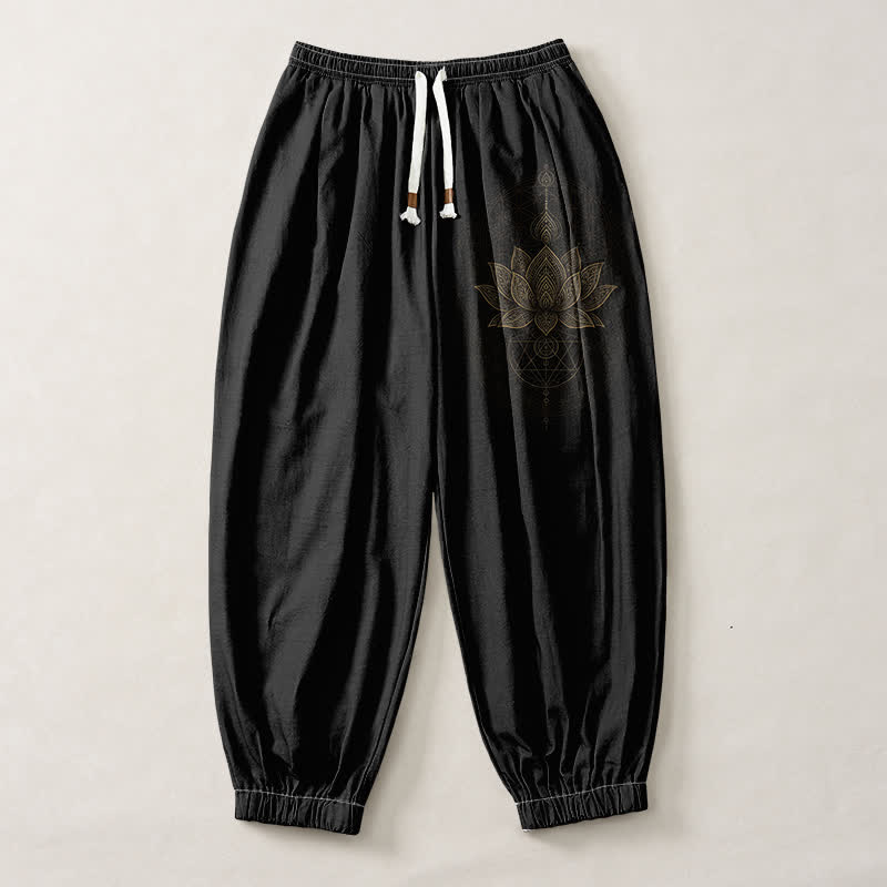 Buddha Stones Pure Cotton Golden Lotus Mandala Geometry Pattern Drawstring Men's Harem Pants With Pockets - image 1