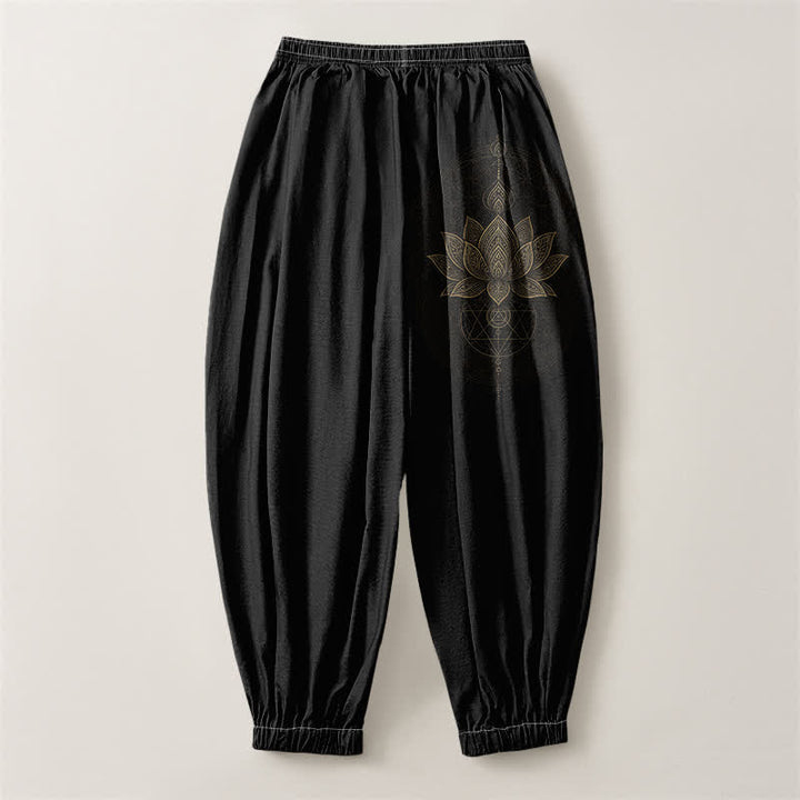 Buddha Stones Pure Cotton Golden Lotus Mandala Geometry Pattern Drawstring Men's Harem Pants With Pockets - image 2