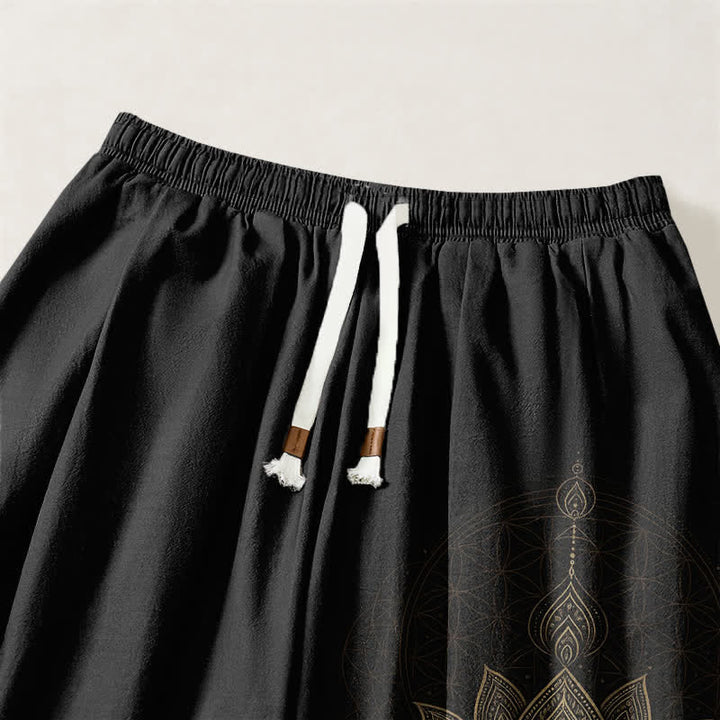 Buddha Stones Pure Cotton Golden Lotus Mandala Geometry Pattern Drawstring Men's Harem Pants With Pockets - image 3
