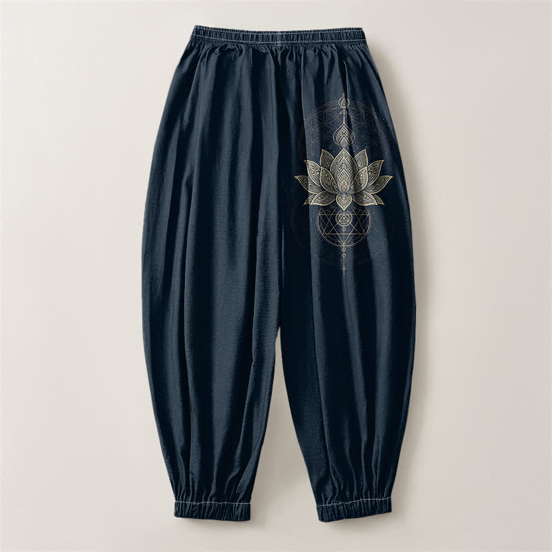 Buddha Stones Pure Cotton Golden Lotus Mandala Geometry Pattern Drawstring Men's Harem Pants With Pockets - image 8