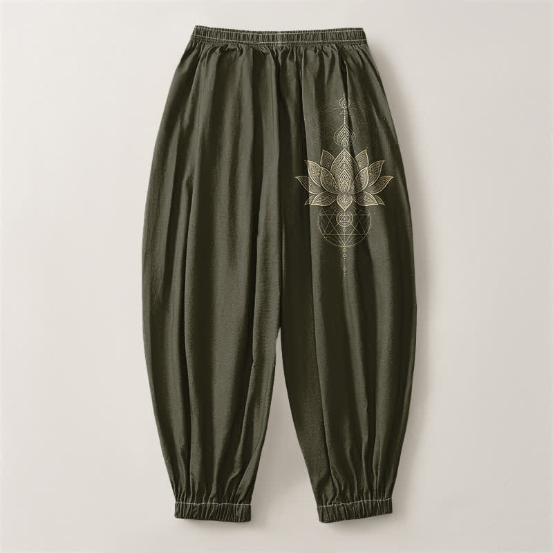 Buddha Stones Pure Cotton Golden Lotus Mandala Geometry Pattern Drawstring Men's Harem Pants With Pockets - image 14
