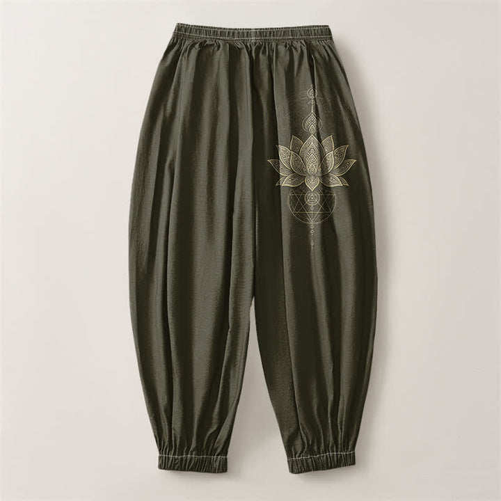 Buddha Stones Pure Cotton Golden Lotus Mandala Geometry Pattern Drawstring Men's Harem Pants With Pockets - image 14