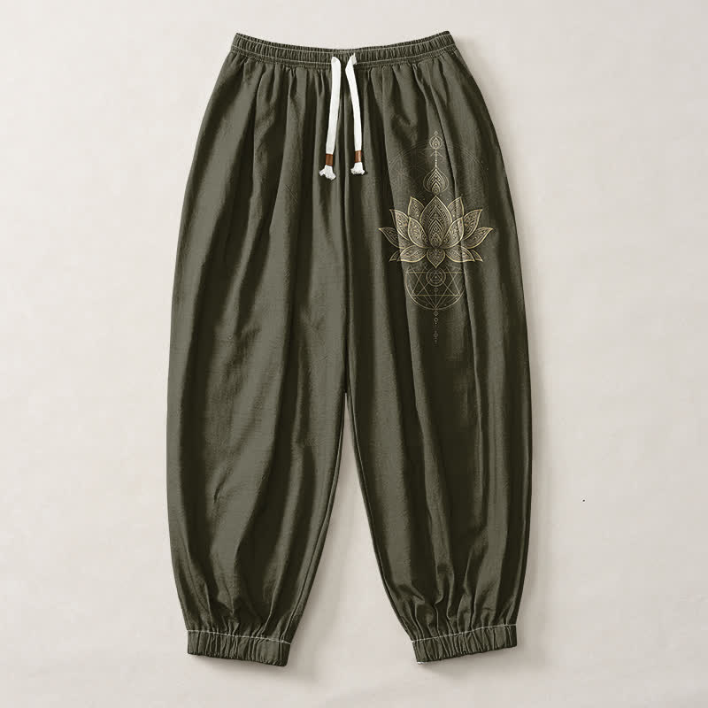 Buddha Stones Pure Cotton Golden Lotus Mandala Geometry Pattern Drawstring Men's Harem Pants With Pockets - image 13