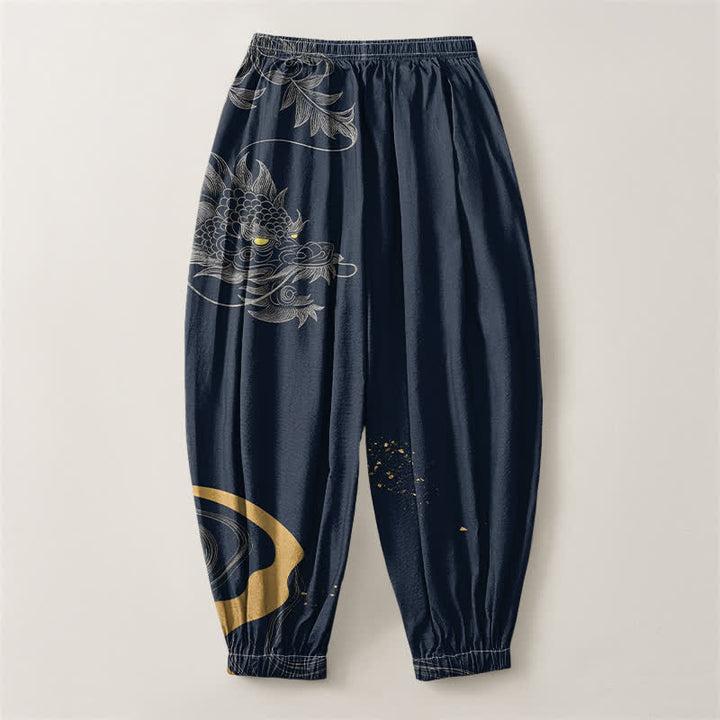 Buddha Stones Pure Cotton Eastern Dragon Pattern Drawstring Men's Harem Pants With Pockets - image 8
