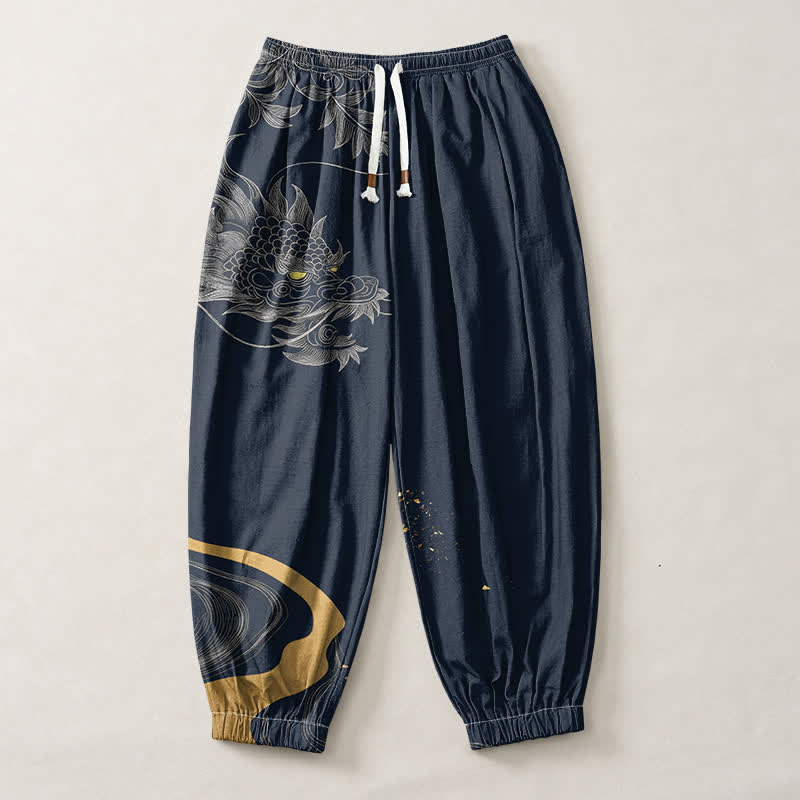 Buddha Stones Pure Cotton Eastern Dragon Pattern Drawstring Men's Harem Pants With Pockets - image 7