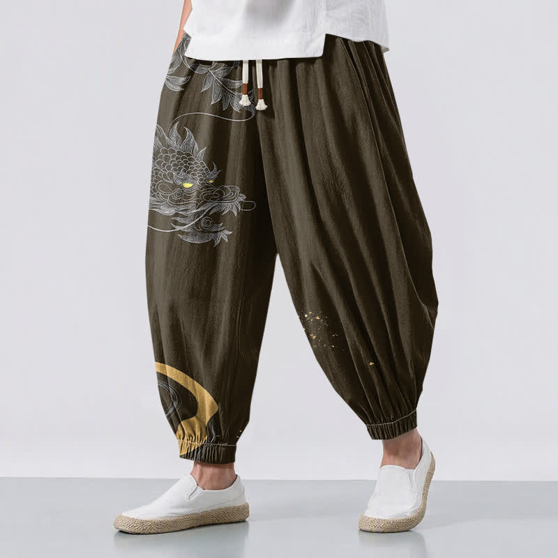Buddha Stones Pure Cotton Eastern Dragon Pattern Drawstring Men's Harem Pants With Pockets - Olive - US/UK/AU50，EU60 (5XL) - image 12