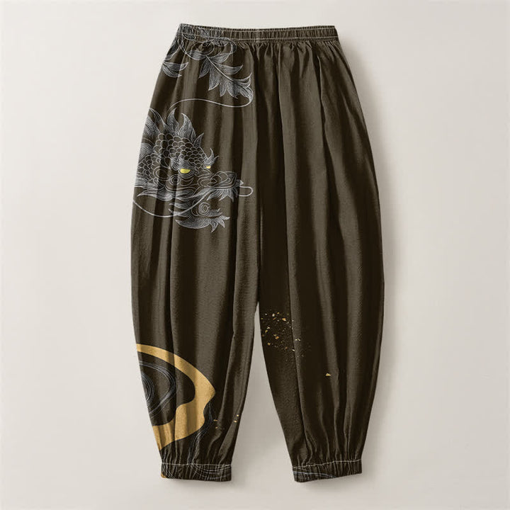 Buddha Stones Pure Cotton Eastern Dragon Pattern Drawstring Men's Harem Pants With Pockets - image 14