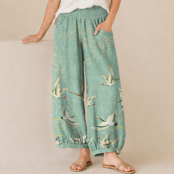 Buddha Stones Cotton Oriental Crane Cloud Pattern Pleated Elastic Waist Women's Harem Pants With Pockets - MediumAquamarine - US16，UK/AU20，EU48 (3XL) - image 0