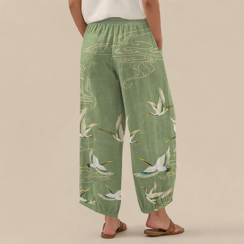 Buddha Stones Cotton Oriental Crane Cloud Pattern Pleated Elastic Waist Women's Harem Pants With Pockets - image 8