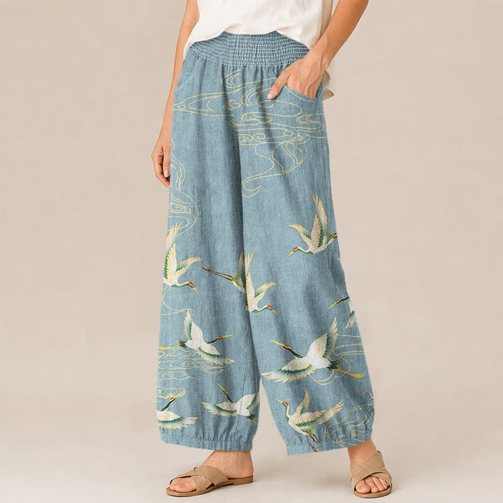 Buddha Stones Cotton Oriental Crane Cloud Pattern Pleated Elastic Waist Women's Harem Pants With Pockets - image 11