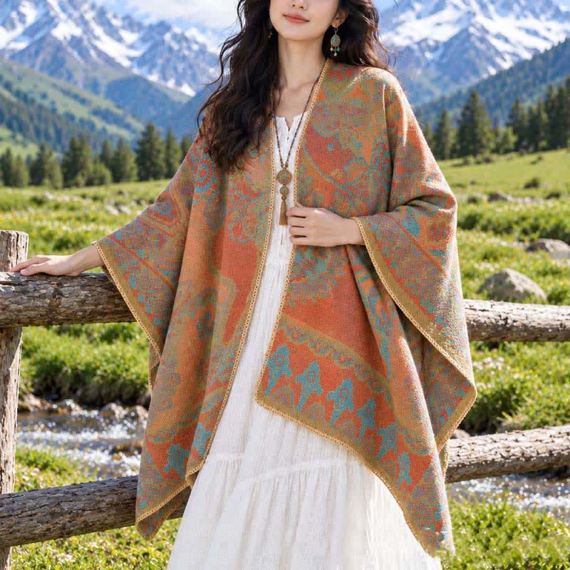 Buddha Stones Fall Winter Vintage Garden Floral Geometric Border Women's Shawl - Orange - 130*150cm - image 4