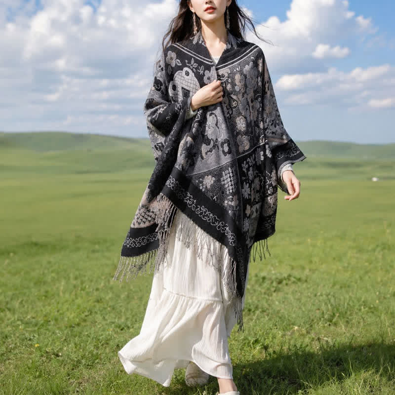Buddha Stones Fall Winter Boho Floral Patchwork Tassel Women's Shawl - Black - 140x160cm - image 8